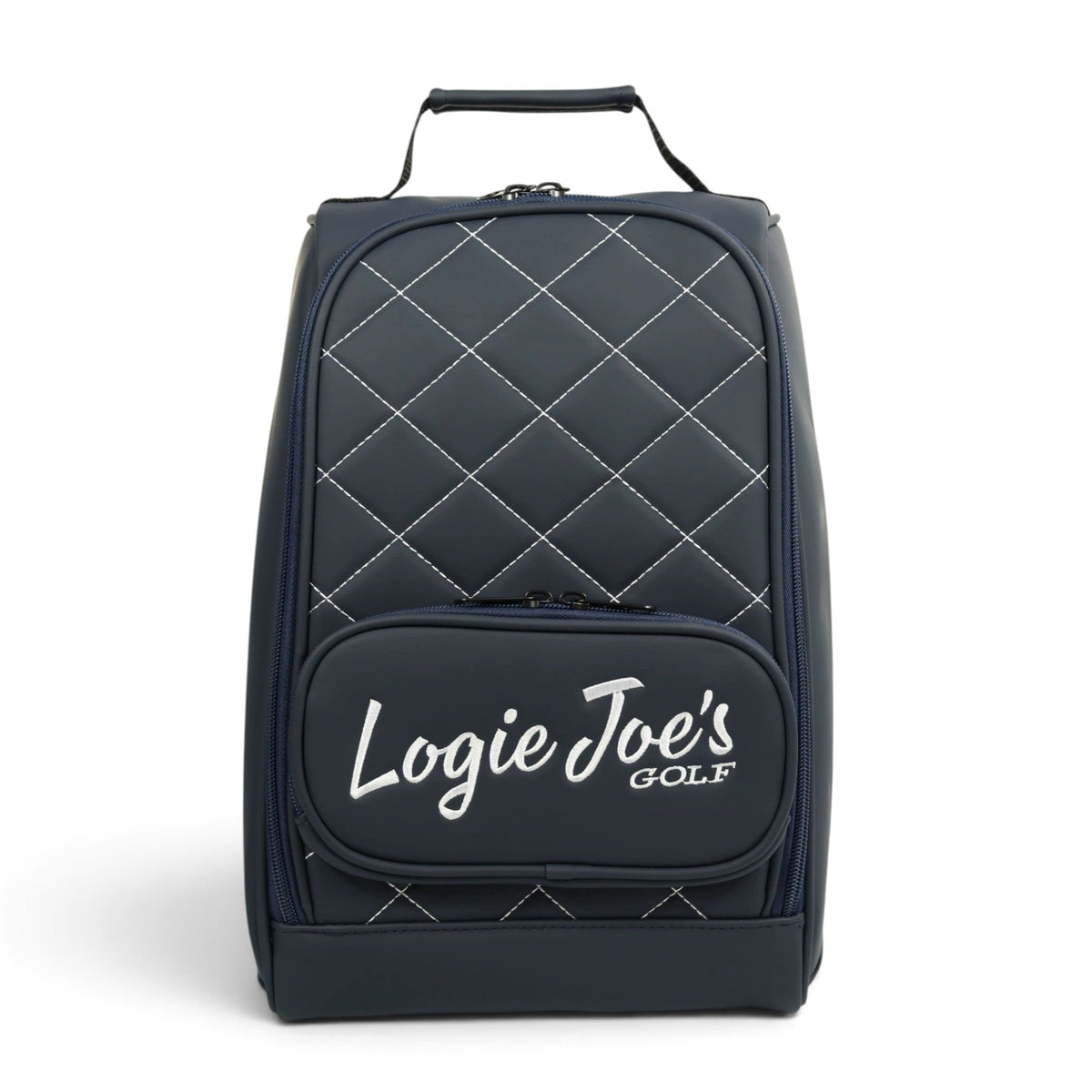 Navy/White Golf Shoe Bag | Premium PU Leather Golf Shoe Organizer | Quilted Travel Shoe Case with Accessory Pocket, Carry Handle & Ventilation