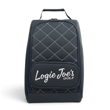 Navy/White Golf Shoe Bag | Premium PU Leather Golf Shoe Organizer | Quilted Travel Shoe Case with Accessory Pocket, Carry Handle & Ventilation