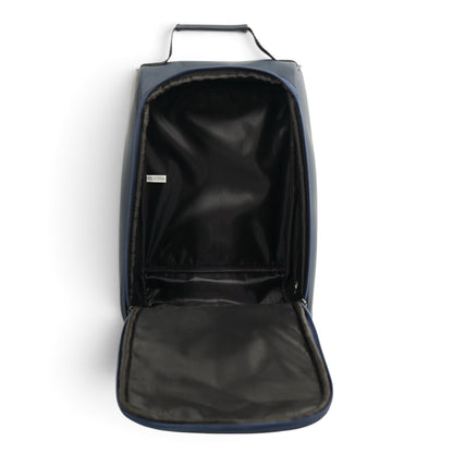 Navy/White Golf Shoe Bag | Premium PU Leather Golf Shoe Organizer | Quilted Travel Shoe Case with Accessory Pocket, Carry Handle & Ventilation