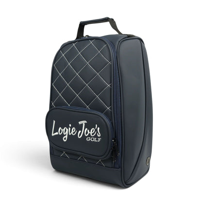 Navy/White Golf Shoe Bag | Premium PU Leather Golf Shoe Organizer | Quilted Travel Shoe Case with Accessory Pocket, Carry Handle & Ventilation