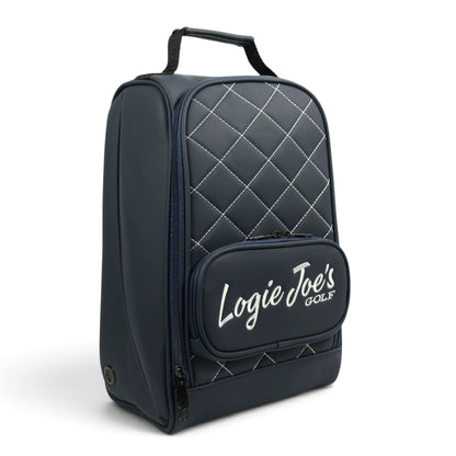 Navy/White Golf Shoe Bag | Premium PU Leather Golf Shoe Organizer | Quilted Travel Shoe Case with Accessory Pocket, Carry Handle & Ventilation